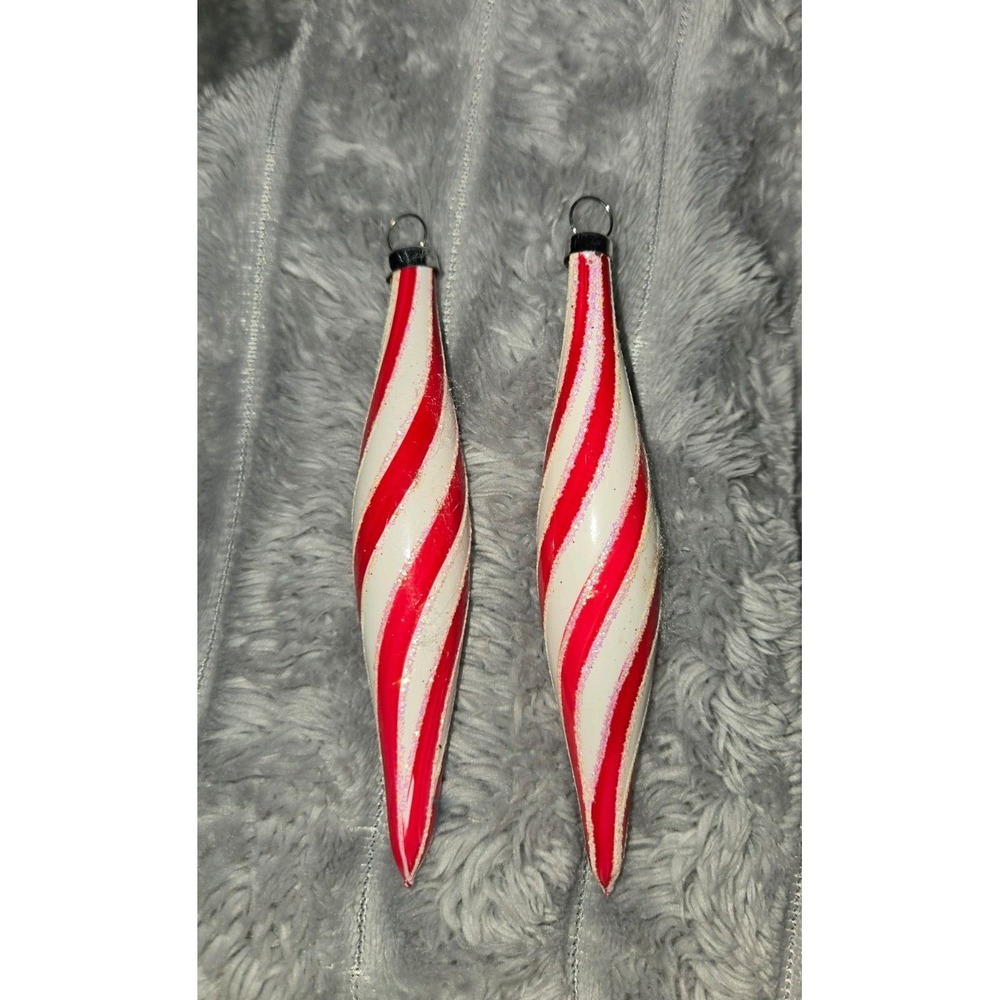 2 Candy Cane Drop Shaped Glass Ornaments.  CHARMING & WHIMSICAL